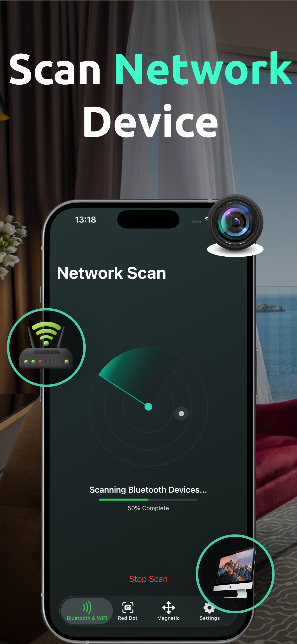 Hidden Camera Detector app interface showing infrared scan feature